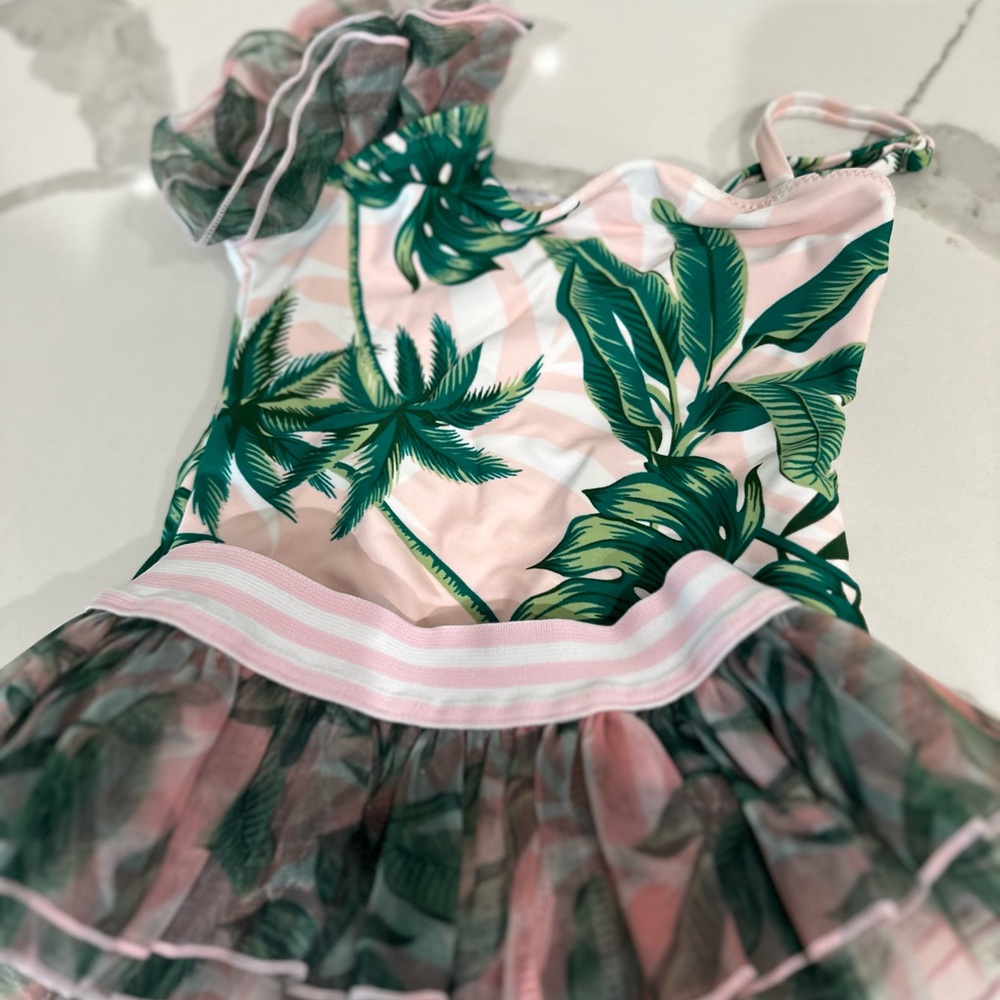 Green and Pink Tropical One Piece Swimsuit with Tutu Skirt
